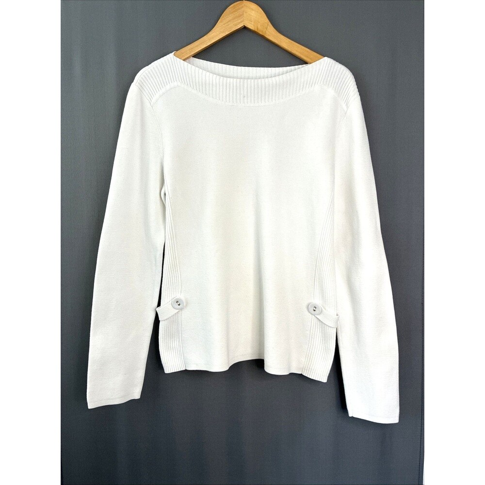 Vtg 90s Talbots Cotton Boat Neck Sweater Sz L White Side Button Nautical Coastal